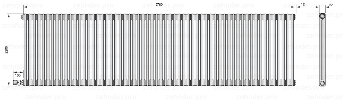 Схема (чертеж) Радиатор Zehnder Charleston 2220/60 №V003 Белый глянцевый RAL 9016